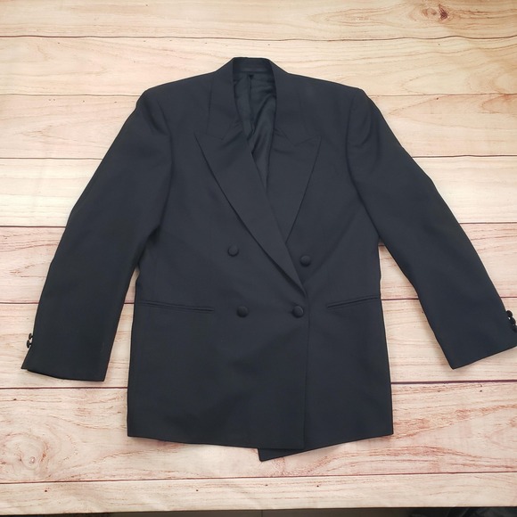St Michael Blazer Mens Medium Black Double Breasted Wool Blend Formal Jacket - Picture 1 of 11